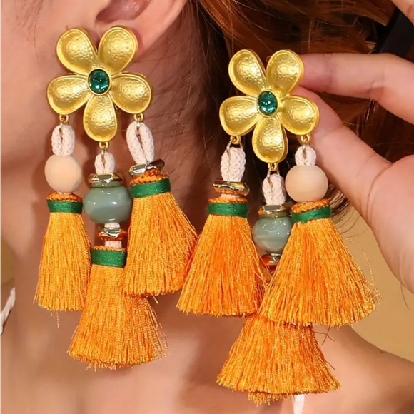 Large Floral Tassel Earrings - Picture 2 of 3